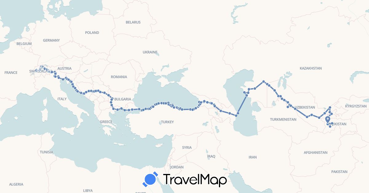 TravelMap itinerary: driving, cycling in Azerbaijan, Bosnia and Herzegovina, Bulgaria, Switzerland, Georgia, Greece, Croatia, Italy, Kazakhstan, Serbia, Slovenia, Tajikistan, Turkey, Uzbekistan (Asia, Europe)